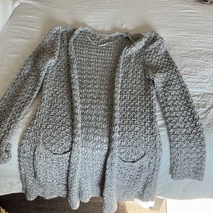Long grey and white knit cardigan
